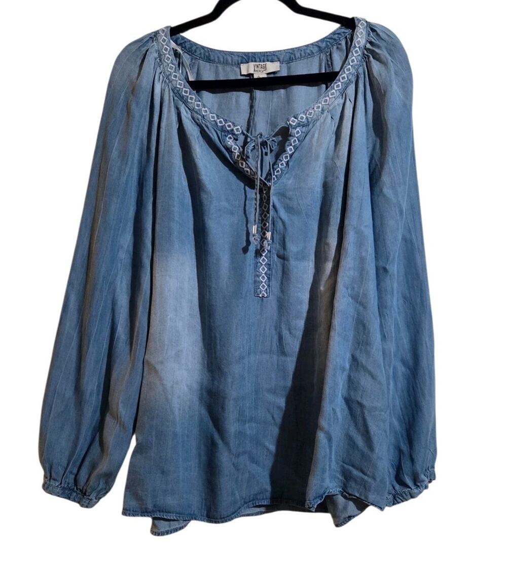 Vintage America Blues Blouse Womens XXL Blue Chambray Embroidered Tunic Top Boho